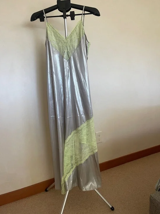 Topshop Silver Slip Dress with Lime Lace Trim - Picture 5 of 10